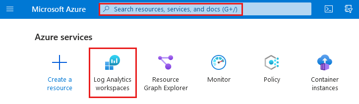 Captura de pantalla de la página principal de Azure que resalta el campo de búsqueda y las áreas de trabajo de Log Analytics.