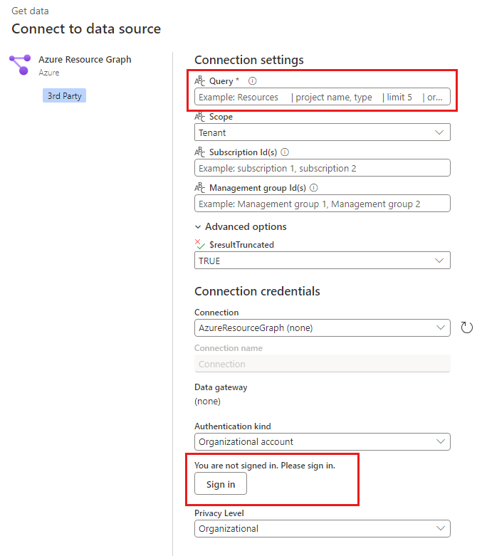 Captura de pantalla del cuadro de diálogo Azure Resource Graph del servicio Power BI para escribir una consulta y usar la configuración predeterminada.