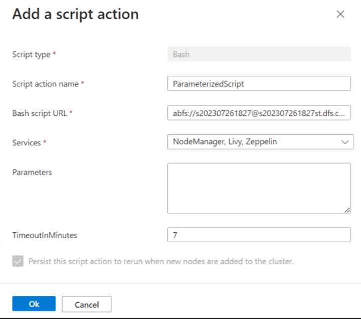 Captura de pantalla que muestra cómo agregar la ventana de acción Script se abre en Azure Portal.