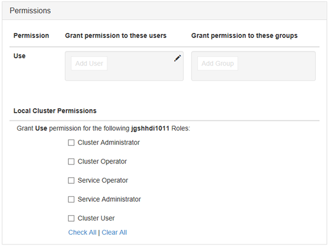 Interfaz de usuario de administración de Ambari para HDInsight con Enterprise Security Package: vistas de Hive, configuración de permisos.