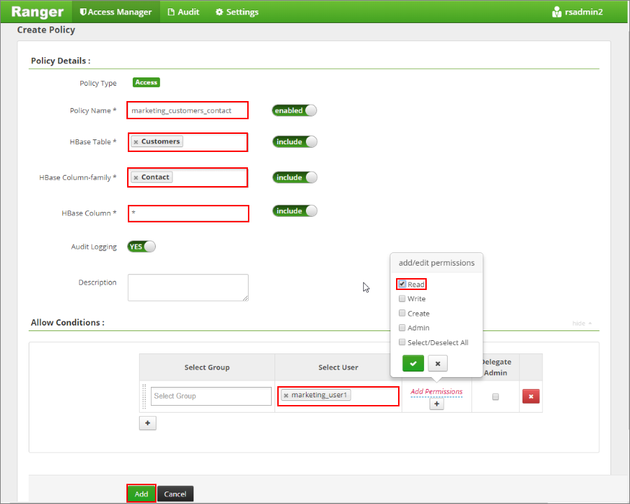 Recorte de pantalla que muestra la directiva de Apache Ranger Crear marketing.