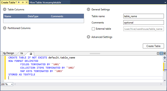 Ventana Crear tabla, Hive, clúster de HDInsight, Visual Studio.