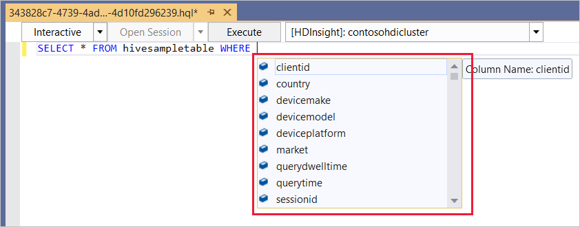 Ejemplo 2 de IntelliSense, consulta ad hoc de Hive, clúster de HDInsight, Visual Studio.