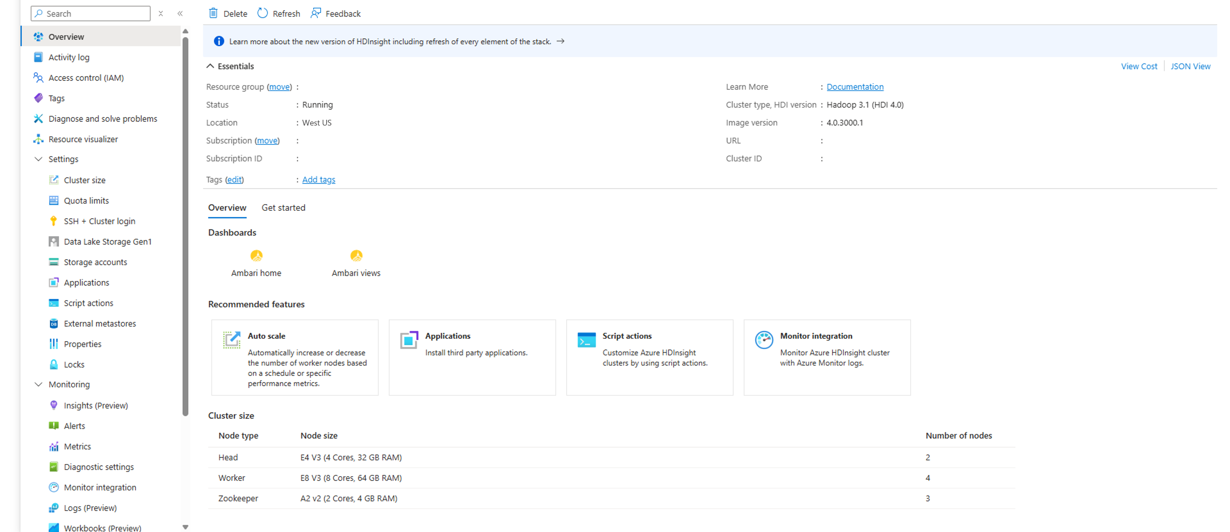 Recorte de pantalla que muestra los aspectos básicos del clúster de HDInsight de Azure Portal.