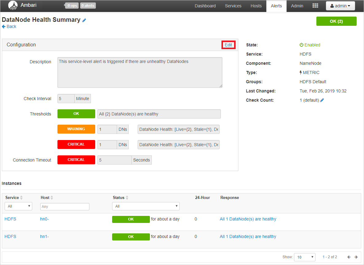 Configuración de alertas de Apache Ambari.