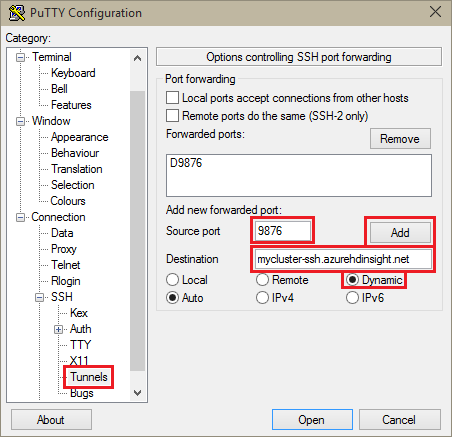 Opciones de tunelización de configuración de PuTTY.