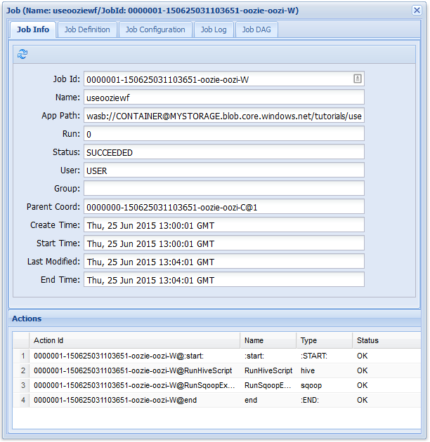 Pestaña de información del trabajo de consola web de Oozie.