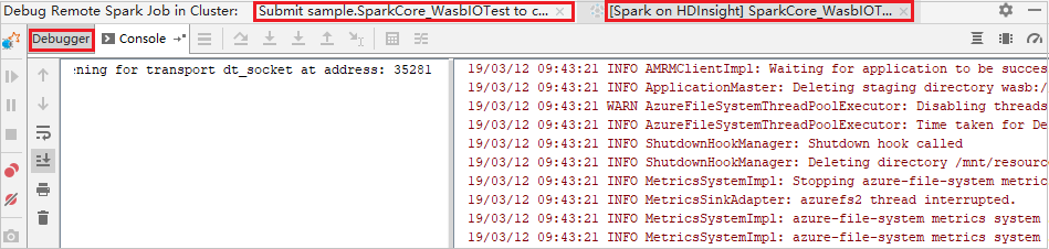 Pestaña de depuración para trabajo de depuración remota de Spark para IntelliJ.