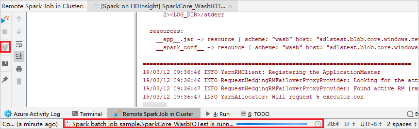 Resultado de la ejecución remota del trabajo de Spark de depuración remota para IntelliJ.