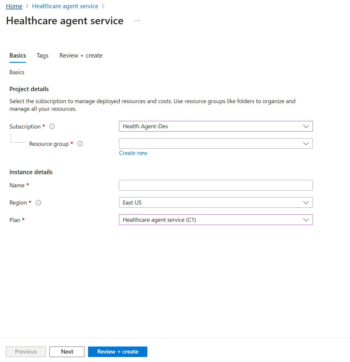 A screenshot of Azure Creating a new Azure healthcare agent service instance