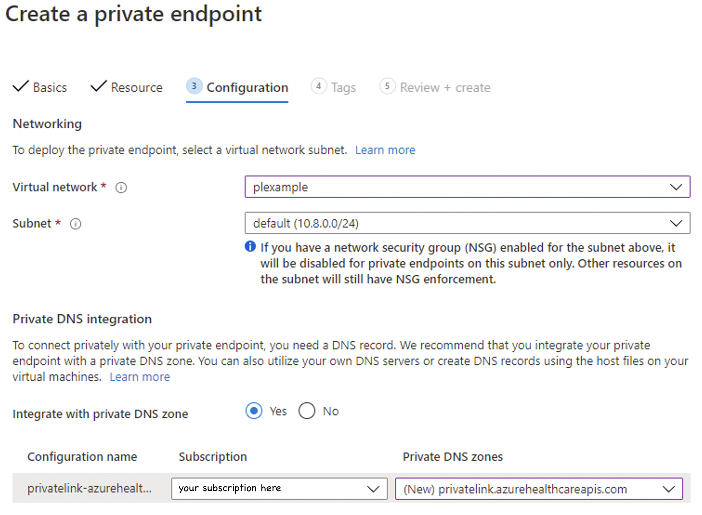 Pestaña Configuración de Azure Portal