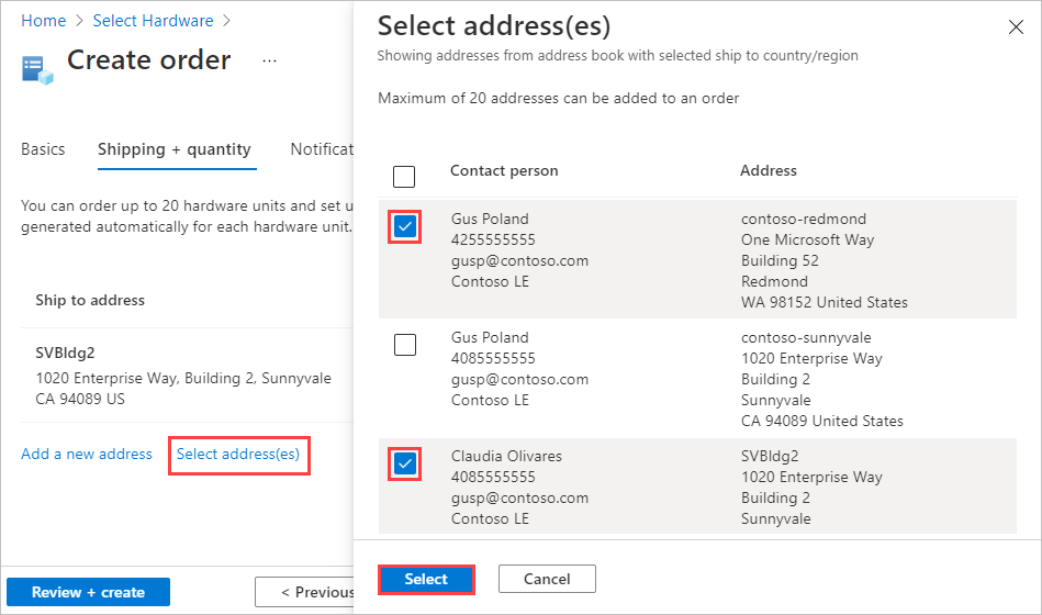 Captura de pantalla de la pantalla Seleccionar direcciones para el pedido del Azure Edge Hardware Center. La opción 