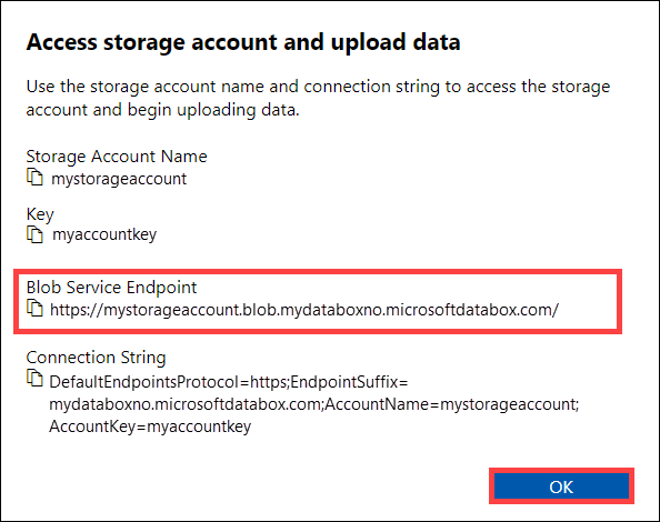 Captura de pantalla que muestra el cuadro de diálogo Acceder a la cuenta de almacenamiento y cargar datos, en el que puede copiar el punto de conexión de Blob Service.