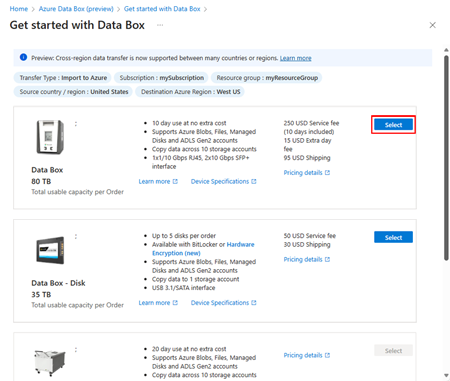 Captura de pantalla que muestra la pantalla para seleccionar un producto de Azure Data Box. Está resaltado el botón Seleccionar de Data Box.