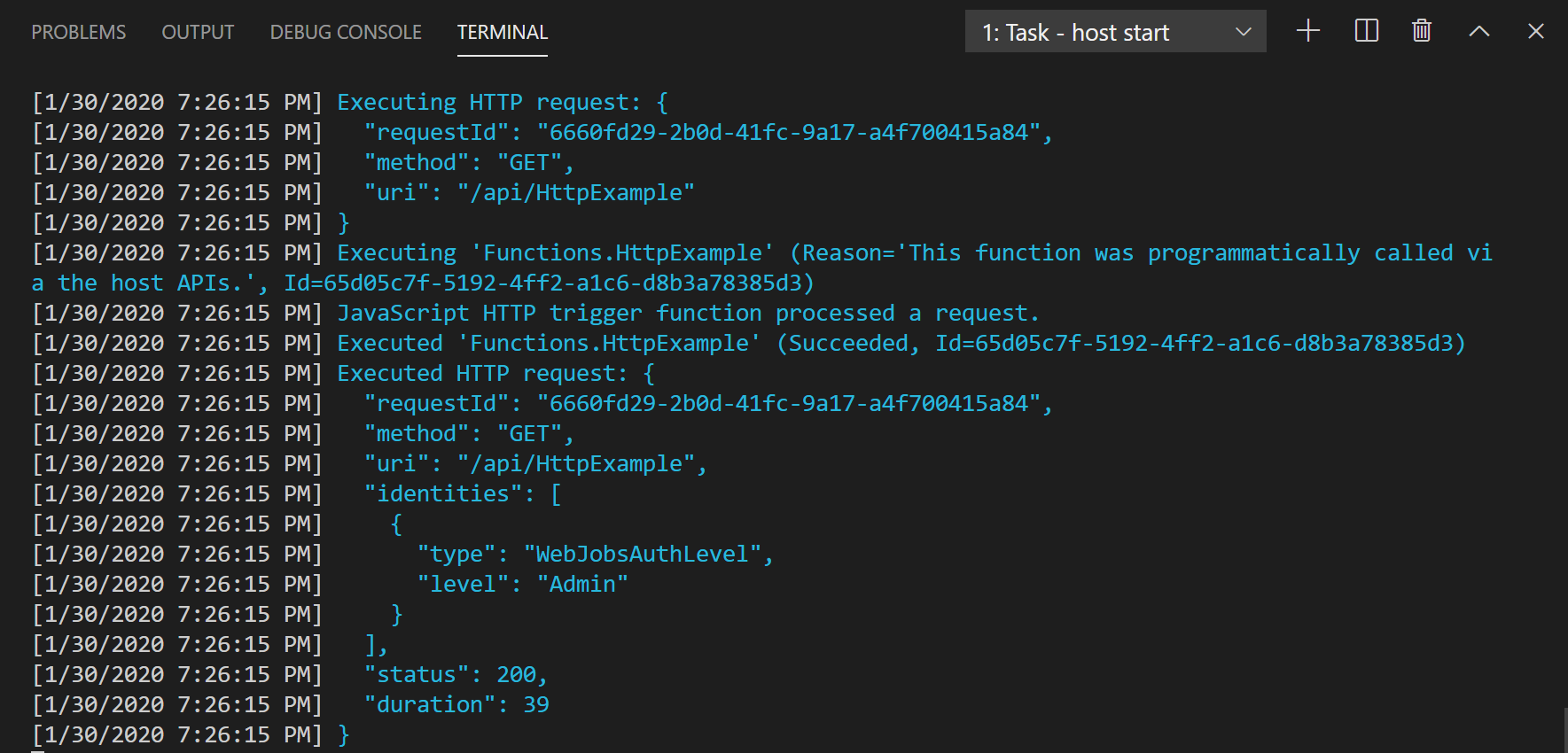 Inicio del host de la tarea: salida del terminal de VS Code