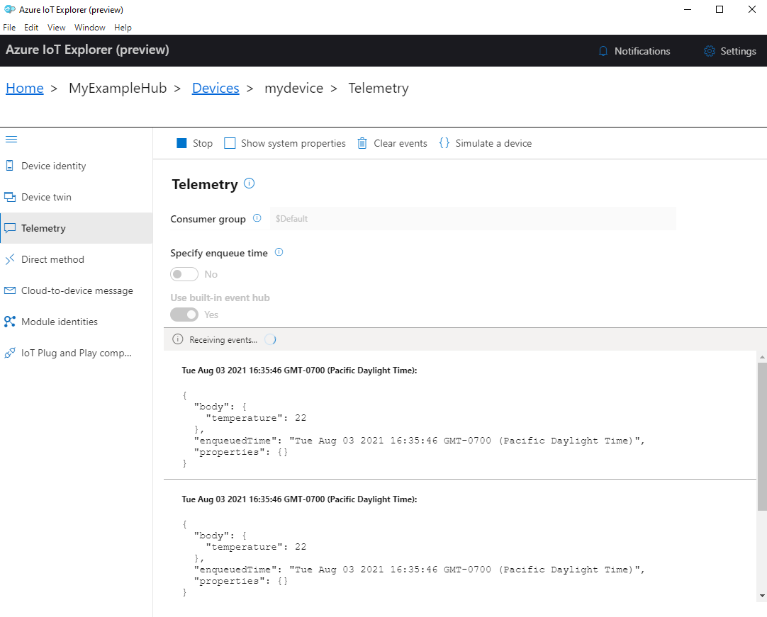 Captura de pantalla de la telemetría del dispositivo en IoT Explorer