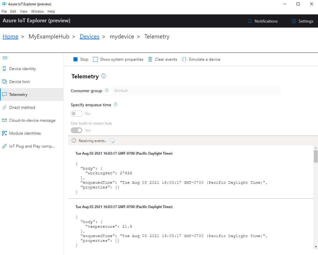 Captura de pantalla de la telemetría del dispositivo en IoT Explorer