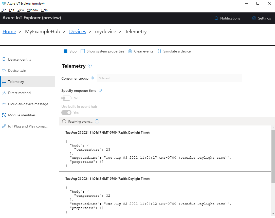 Captura de pantalla de la telemetría del dispositivo en IoT Explorer