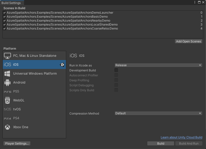 Captura de pantalla de la ventana de configuración de compilación de Unity.