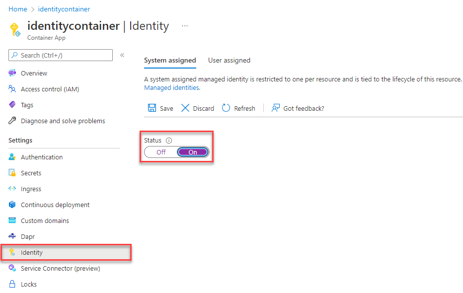 Captura de pantalla que muestra cómo habilitar la identidad administrada para Azure Container Apps.