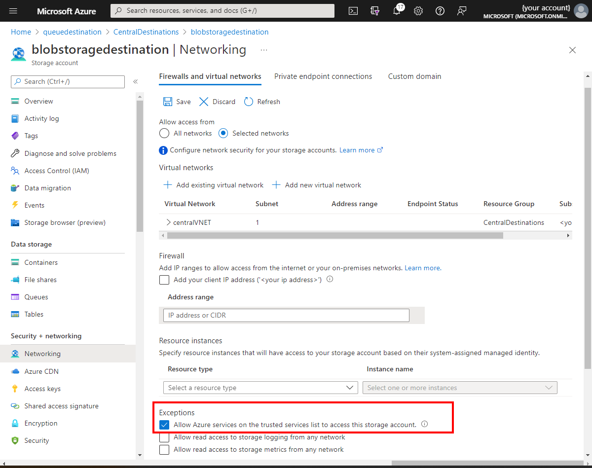 Captura de pantalla de Azure Portal que muestra la excepción de firewall de la red virtual de Azure Blob Storage.