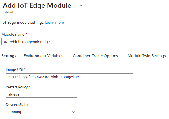 Captura de pantalla que muestra la pestaña Configuración del módulo de la página Agregar módulo IoT Edge.