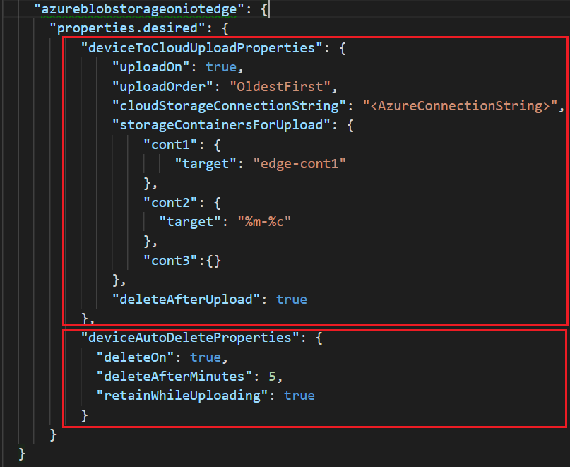 Captura de pantalla que muestra cómo establecer las propiedades deseadas para azureblobstorageoniotedge en Visual Studio Code.