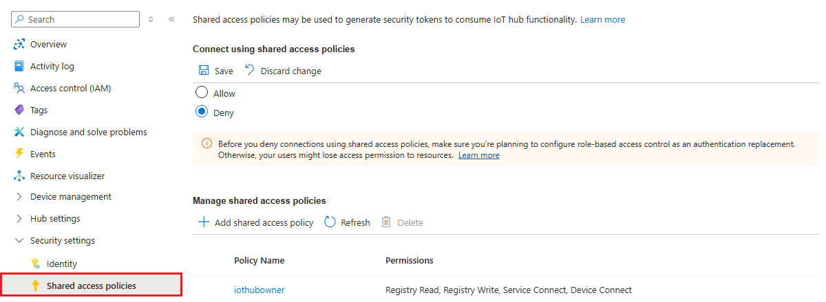 Captura de pantalla que muestra cómo desactivar las directivas de acceso compartido de IoT Hub.