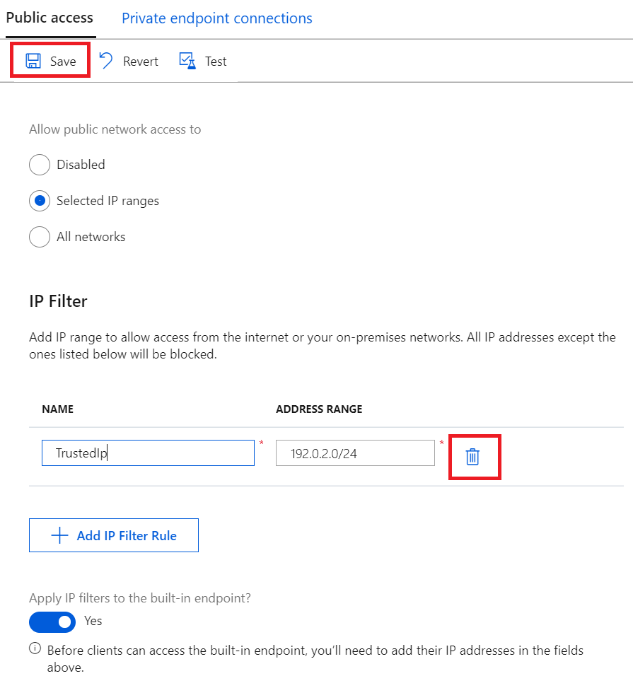 Captura de pantalla que muestra cómo eliminar una regla de filtro IP de IoT Hub.