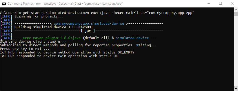 Aplicación de dispositivo simulado IoT Hub de Java para escuchar las llamadas al método directo de reinicio