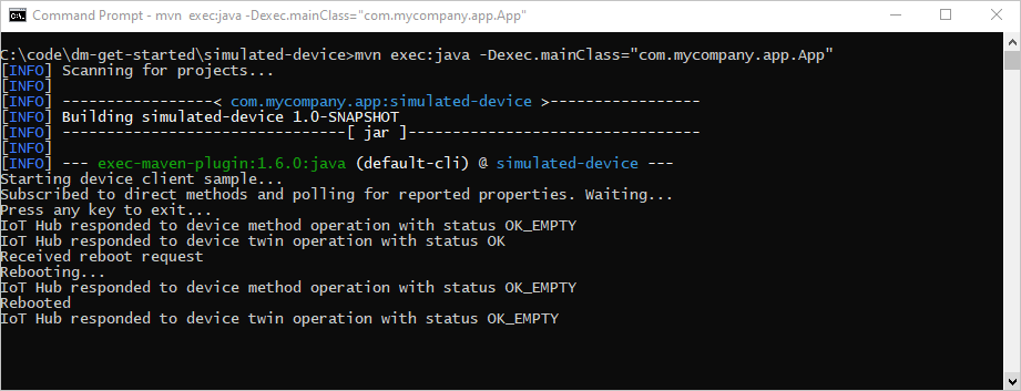 La aplicación de dispositivo simulado IoT Hub de Java responde a la llamada al método directo