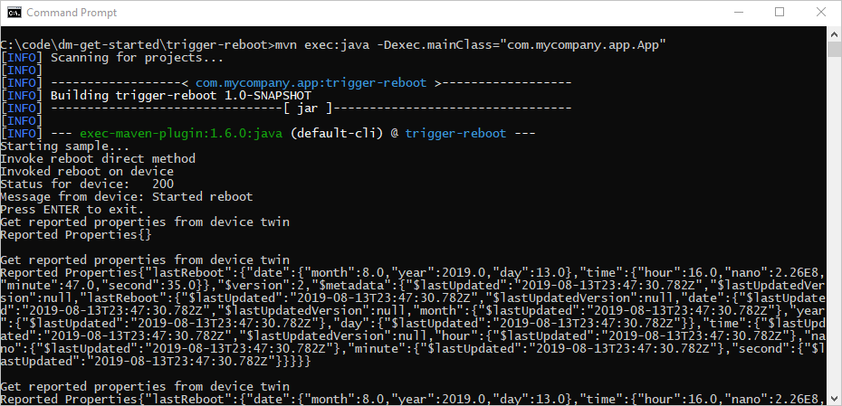 Aplicación de servicio IoT Hub de Java para llamar al método directo de reinicio