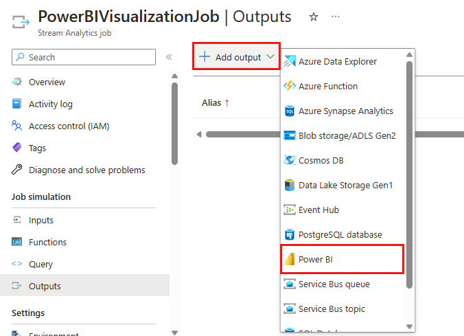 Captura de pantalla que muestra la selección de Power BI en el menú de agregar salida.