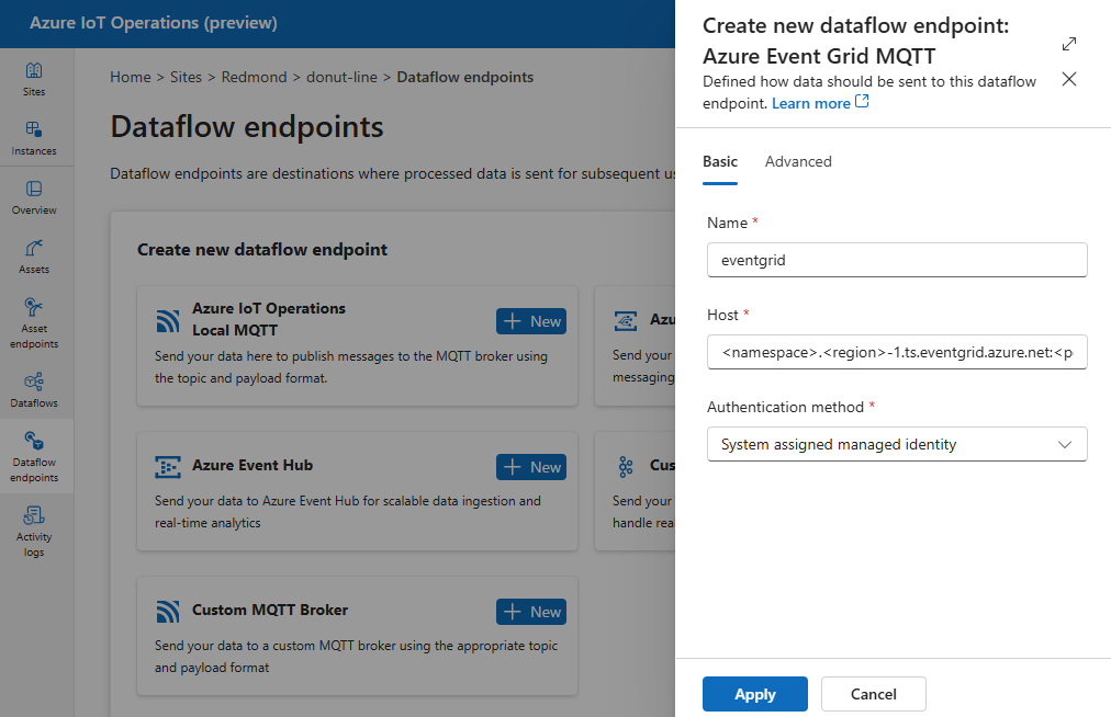 Captura de pantalla que usa la experiencia de operaciones para crear un punto de conexión de Azure Event Grid.