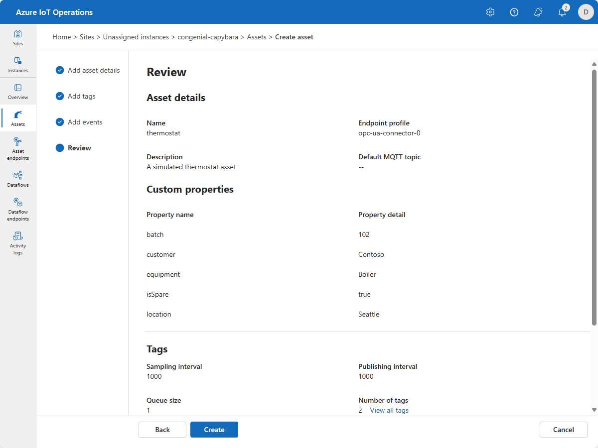 Captura de pantalla de la página de revisión de creación de recursos de operaciones de Azure IoT.