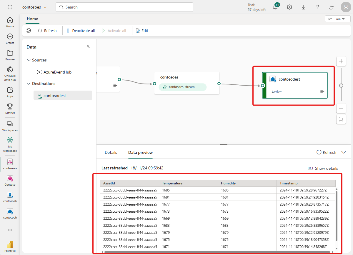 Captura de pantalla de Eventstream con datos en el destino de la base de datos KQL.