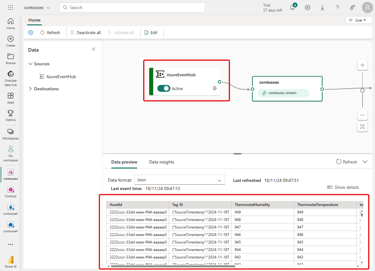 Captura de pantalla del Eventstream con datos del origen de AzureEventHub.