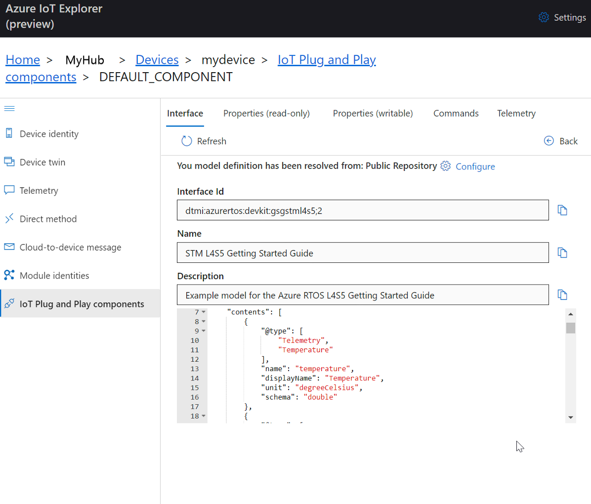 Captura de pantalla del componente predeterminado STM DevKit en IoT Explorer.