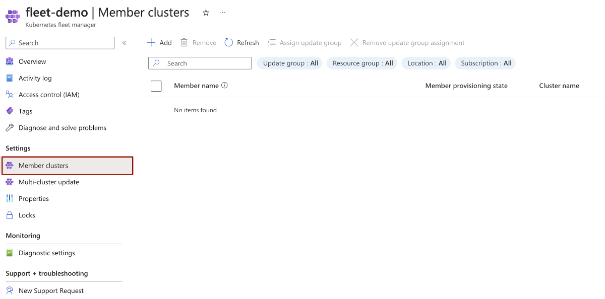 Recorte de pantalla de la página de Azure Portal para Azure Kubernetes Fleet Manager para agregar clústeres miembros.