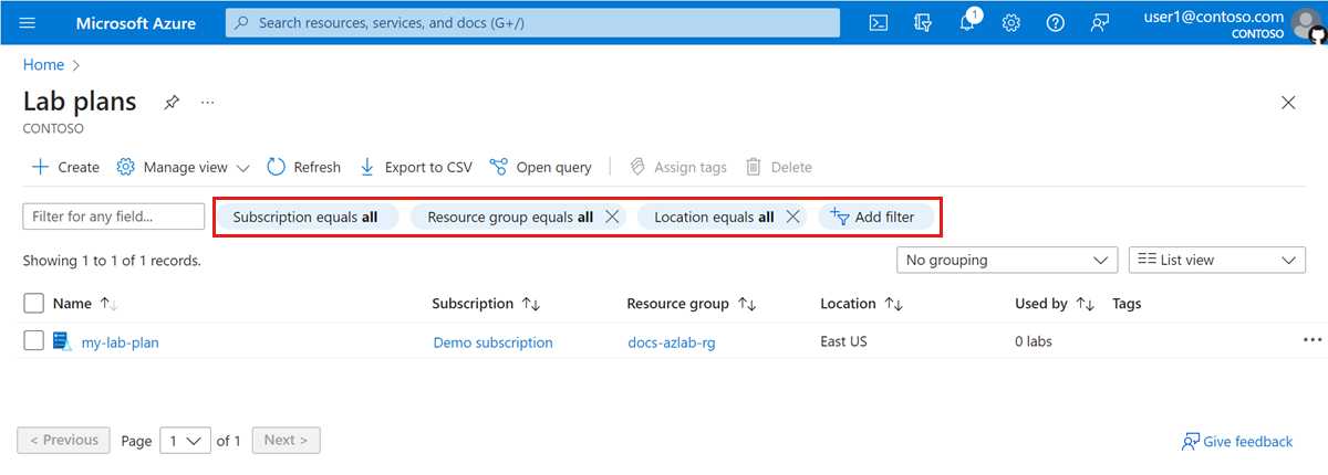 Captura de pantalla que muestra la lista de planes de laboratorio en Azure Portal, resaltando las opciones de filtro.