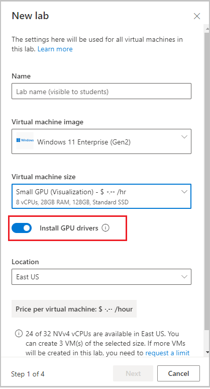 Captura de pantalla de la página Nuevo laboratorio del sitio web de Lab Services, resaltando la opción Instalar controladores de GPU.