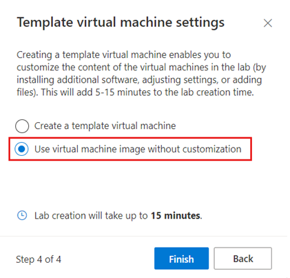 Captura de pantalla de la página Configuración de la máquina virtual de plantilla, con la opción seleccionada para crear una máquina virtual sin plantilla.