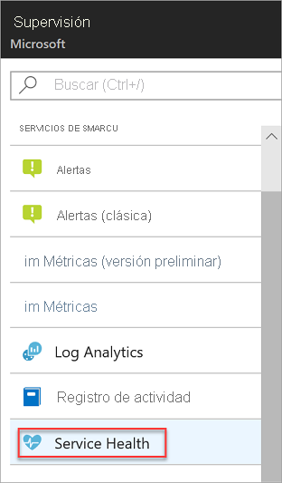 Vínculo de Service Health en Azure Monitor.