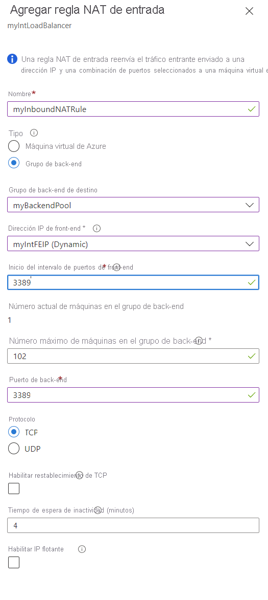 Captura de pantalla de la página de creación Agregar regla NAT de entrada del grupo de back-end.