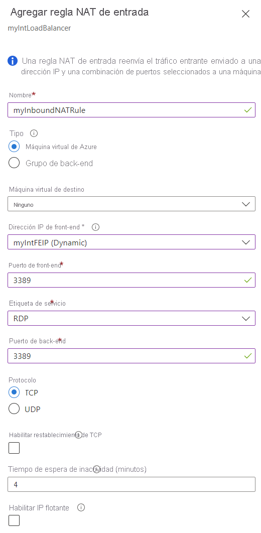 Captura de pantalla de la página Agregar regla NAT de entrada para las máquinas virtuales de Azure.