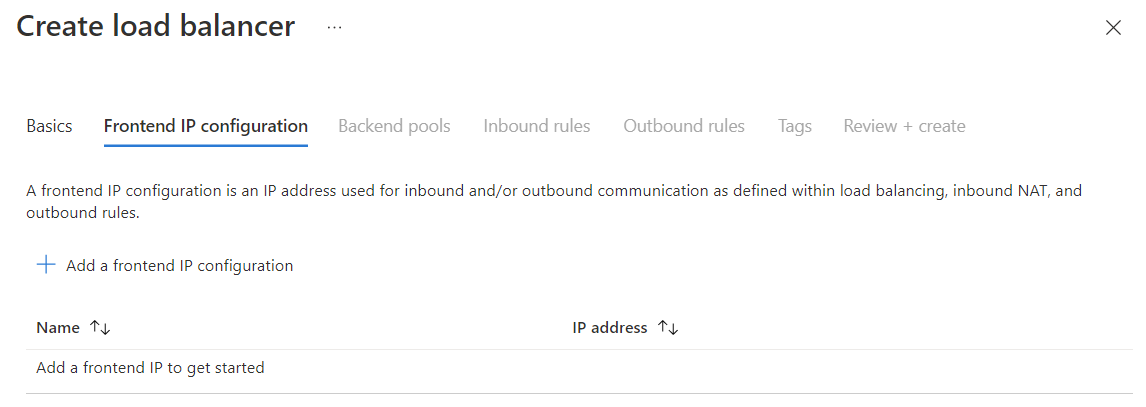 Captura de pantalla de creación de una configuración de IP de front-end.