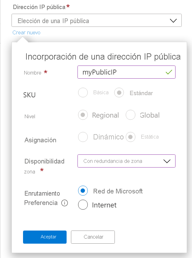 Captura de pantalla de creación de una dirección IP pública.