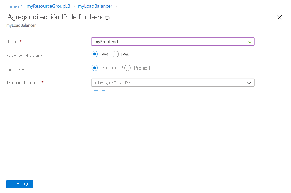 Creación de una configuración de IP de front-end