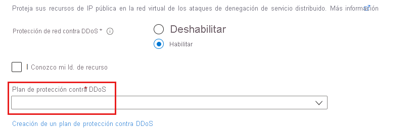 Captura de pantalla de la habilitación de DDoS durante la creación de la red virtual.