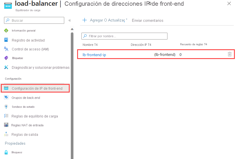 Captura de pantalla de la configuración de la dirección de IP de front-end.